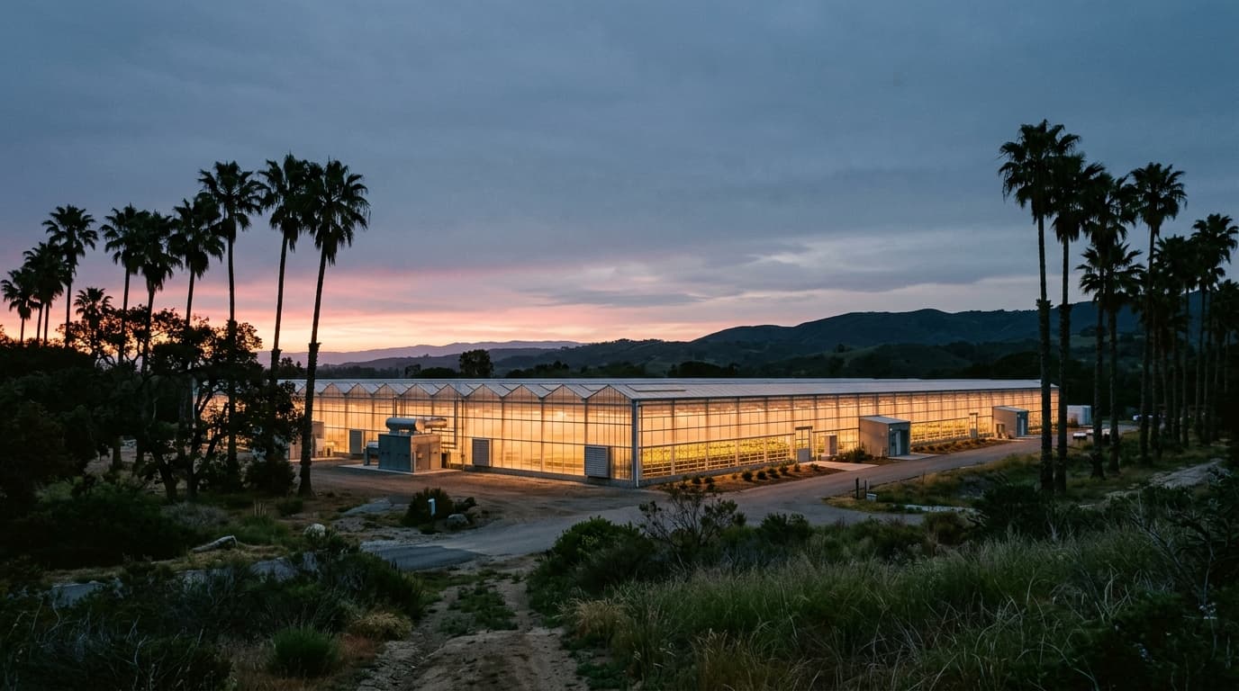 Scoville Splice research greenhouse at dawn